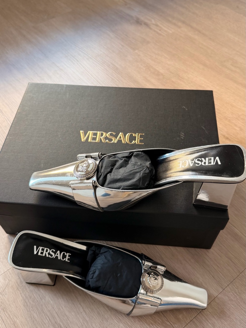 Versace Metallic Silver Leather Block Heel Mules with Medallion